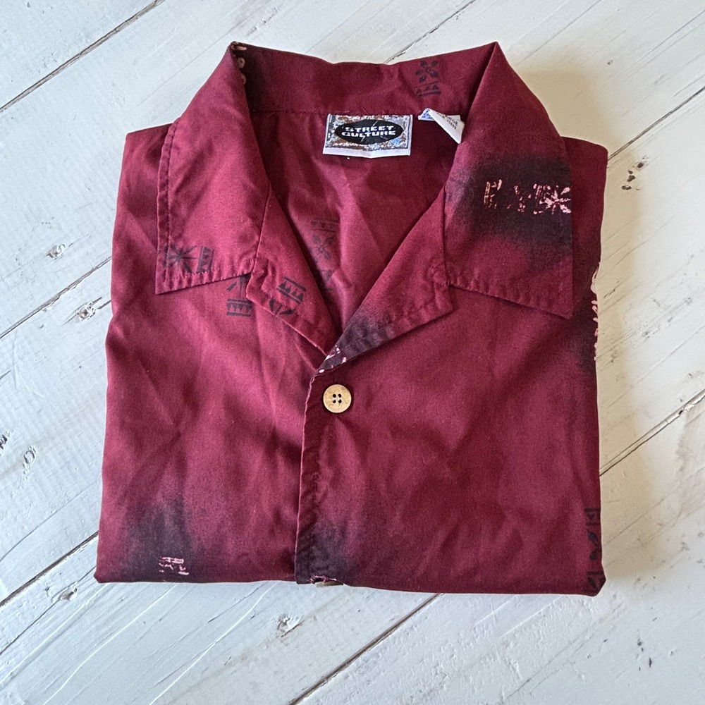 Street Culture XL Button Up Shirt Burgundy Pattern Short‎ Sleeve Mens